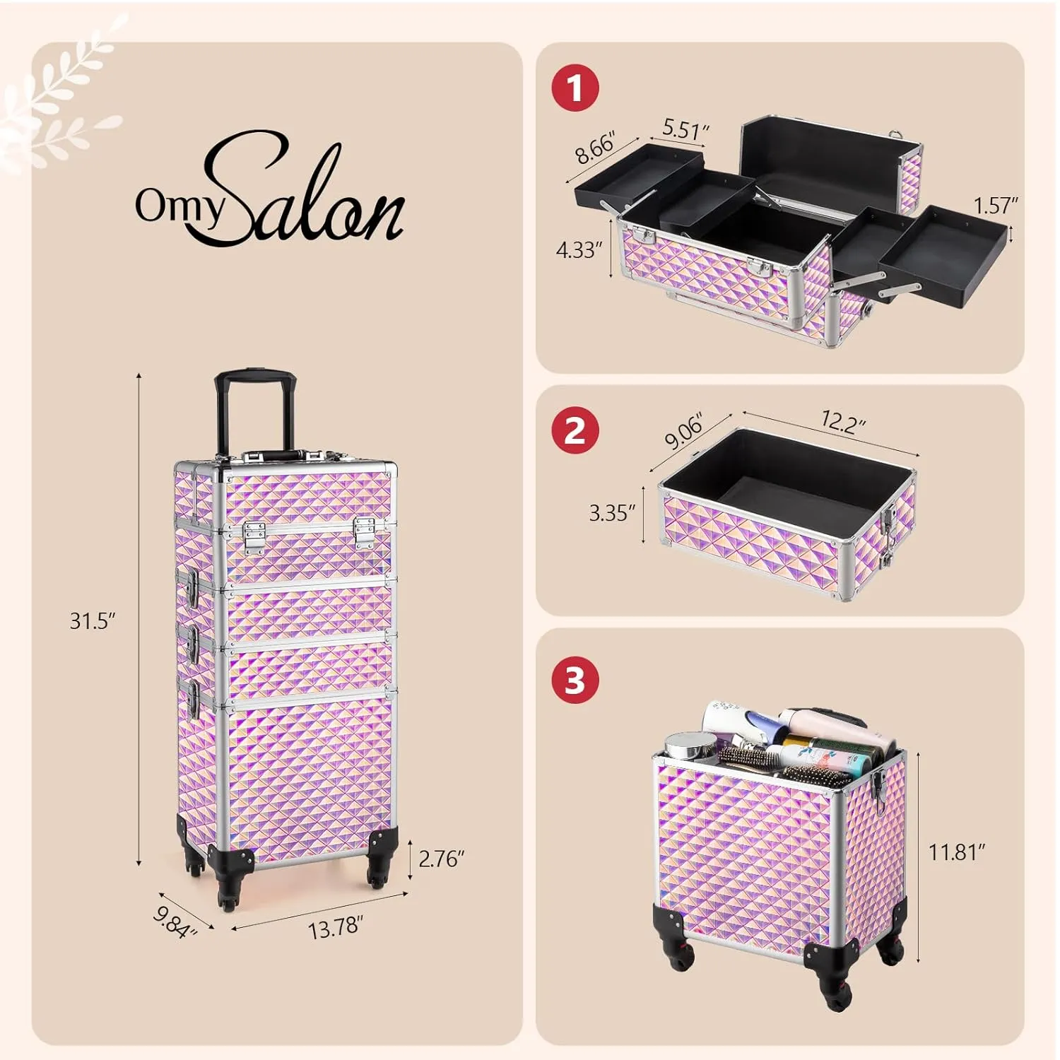 mefeir 4-in-1 Rolling Makeup Train Case Lift Handle,4 Removable Wheels Lockable Keys,Aluminum Cosmetic Trolley Beauty Stylist Artist Organizer Box,Ideal Xmas New Year Gift (Diamond Pink)