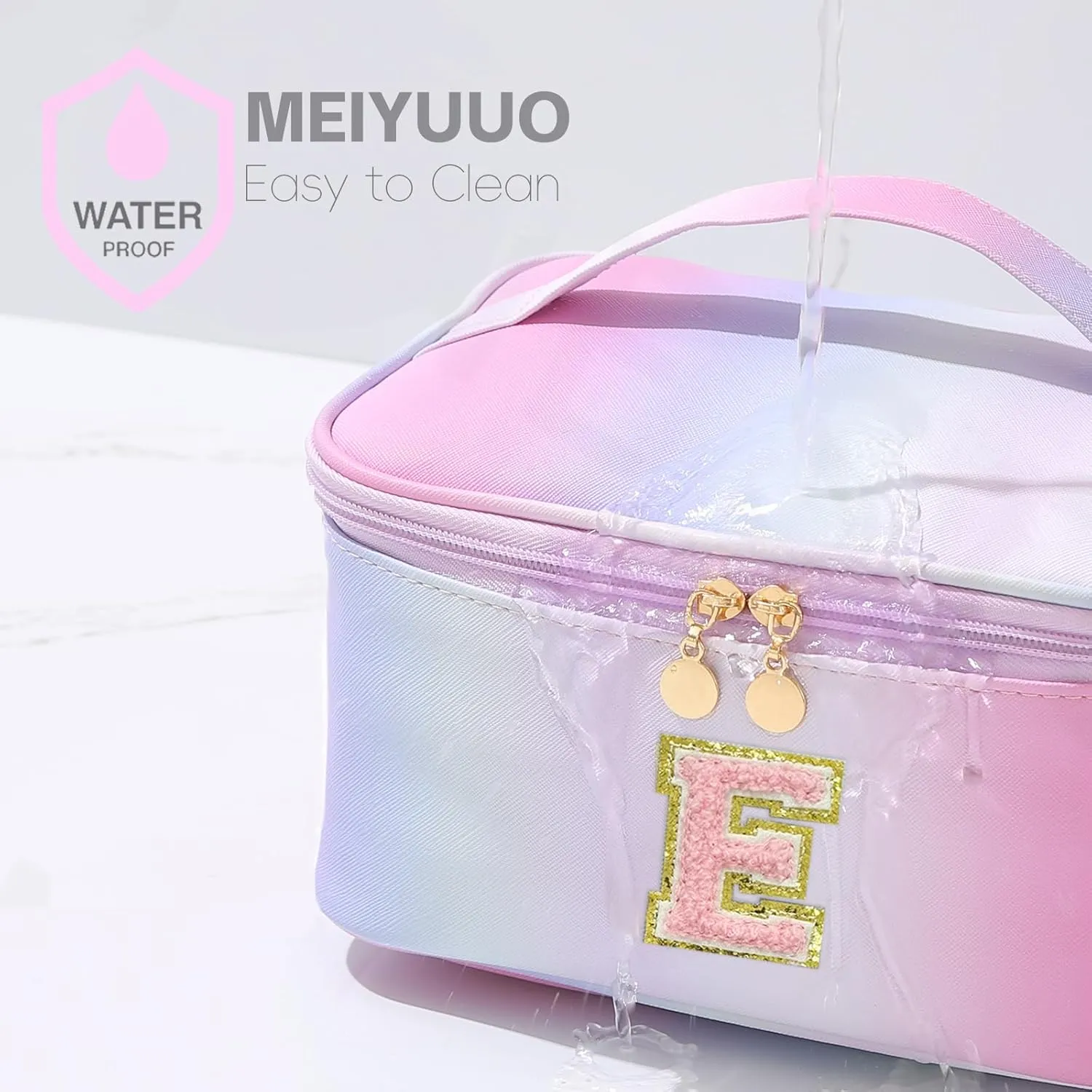 Meiyuuo Initial Makeup Bag for Women Large Cosmetic Bags Travel Toiletry Bag Birthday Gifts for Girls Preppy Letter Pouch Teen Girl Gifts Trendy Stuff Rainbow Pink with Divider and Handle E