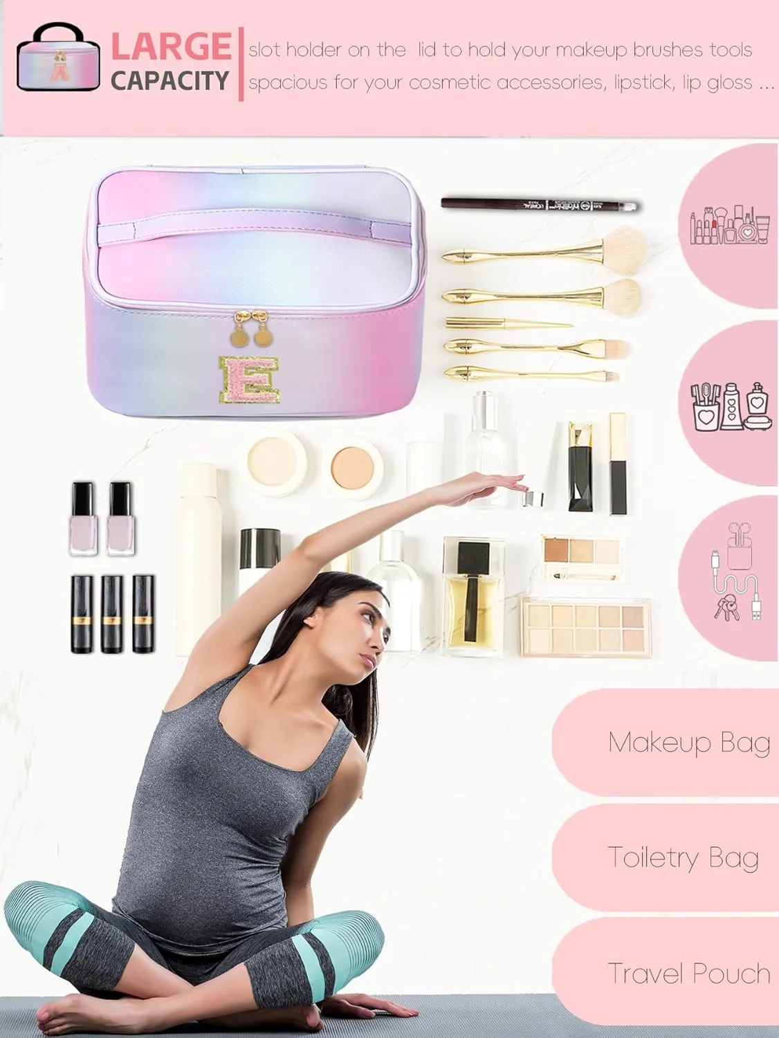Meiyuuo Initial Makeup Bag for Women Large Cosmetic Bags Travel Toiletry Bag Birthday Gifts for Girls Preppy Letter Pouch Teen Girl Gifts Trendy Stuff Rainbow Pink with Divider and Handle E