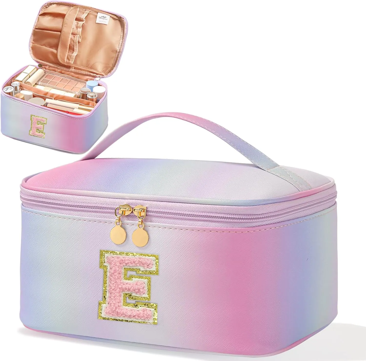 Meiyuuo Initial Makeup Bag for Women Large Cosmetic Bags Travel Toiletry Bag Birthday Gifts for Girls Preppy Letter Pouch Teen Girl Gifts Trendy Stuff Rainbow Pink with Divider and Handle E