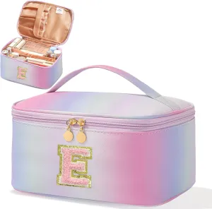 Meiyuuo Initial Makeup Bag for Women Large Cosmetic Bags Travel Toiletry Bag Birthday Gifts for Girls Preppy Letter Pouch Teen Girl Gifts Trendy Stuff Rainbow Pink with Divider and Handle E