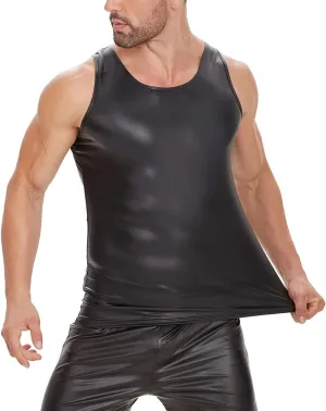 Men Sexy Leather Tank Top, Soft Matte, Plus Size, Male Black Shiny Vest