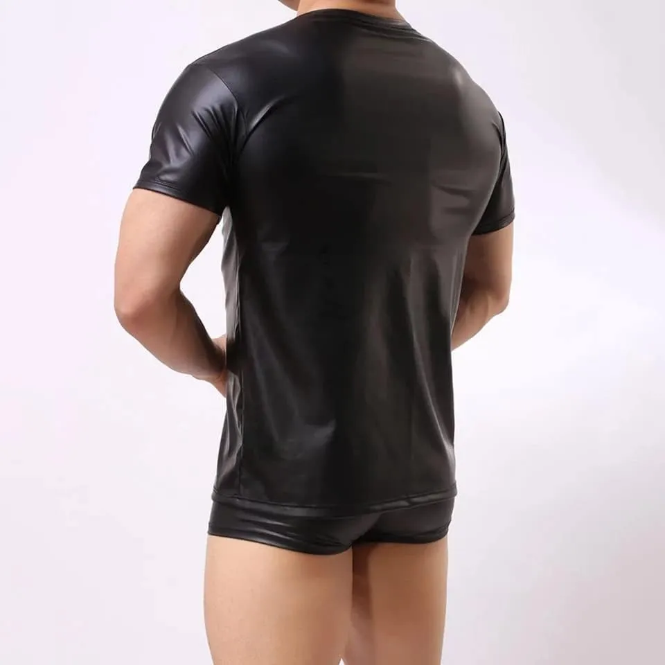 Men Shiny Leather T-Shirt, Soft Matte, Plus Size, Short Sleeve Tops for Male, Black