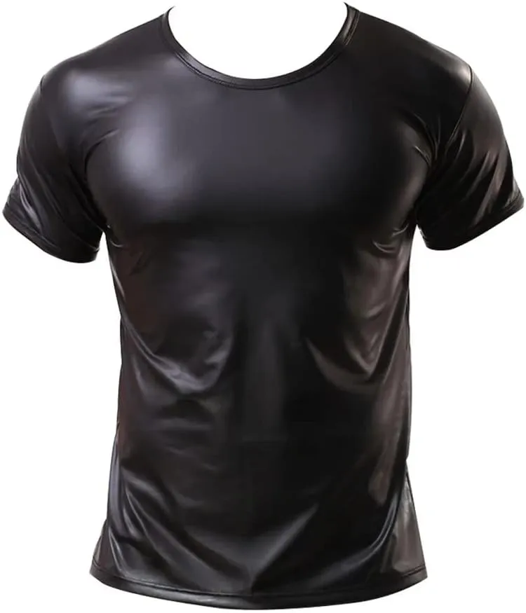 Men Shiny Leather T-Shirt, Soft Matte, Plus Size, Short Sleeve Tops for Male, Black