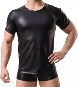 Men Shiny Leather T-Shirt, Soft Matte, Plus Size, Short Sleeve Tops for Male, Black
