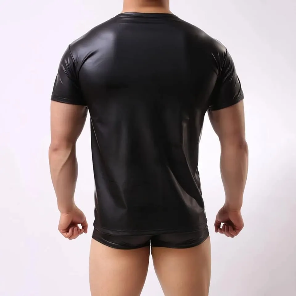 Men Shiny Leather T-Shirt, Soft Matte, Plus Size, Short Sleeve Tops for Male, Black