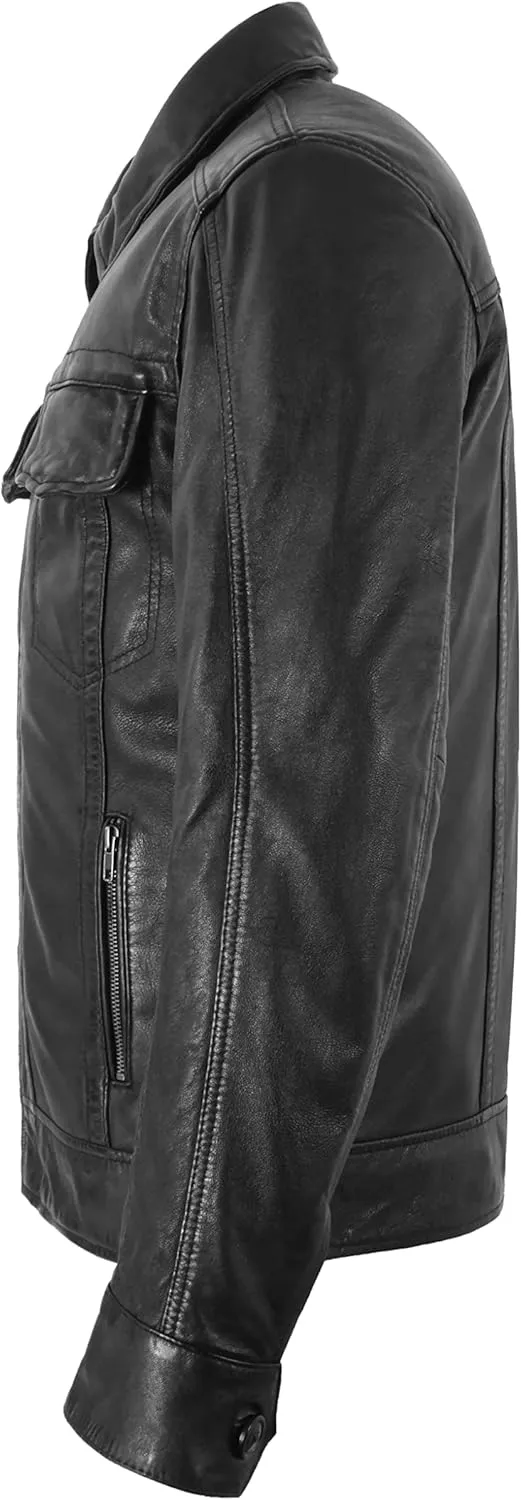 Men's Black Real Leather Classic Fitted Levi's Inspired Underwired Collar Jacket 1918