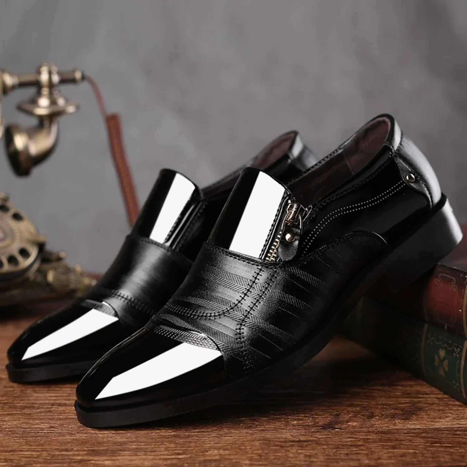 Men's Dress Shoes Patent Leather Loafers Classic Moccasins Zipper Oxford Formal Business Tuxedo Shoes