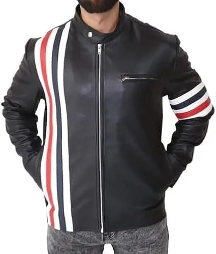 Mens Easy Rider Peter Fonda American Star Black Sheepskin Leather Jacket With USA Flag