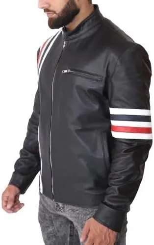 Mens Easy Rider Peter Fonda American Star Black Sheepskin Leather Jacket With USA Flag