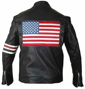 Mens Easy Rider Peter Fonda American Star Black Sheepskin Leather Jacket With USA Flag