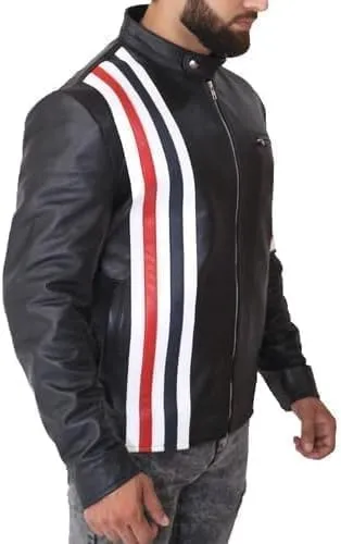 Mens Easy Rider Peter Fonda American Star Black Sheepskin Leather Jacket With USA Flag