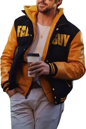 Men's Fall Guy Hooded Varsity Letterman Leather Jacket Ryan Gosling Stunt Team Baseball Bomber Jackets Men