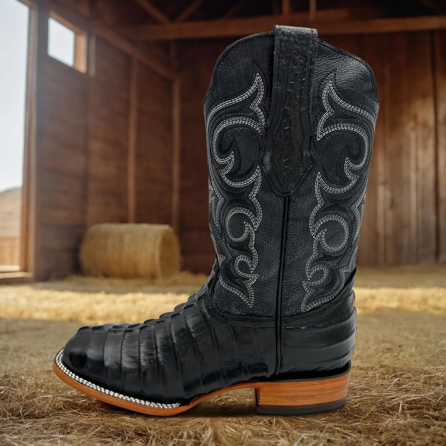 Mens Leather Alligator Tail Print Square Toe Western Cowboy Boot