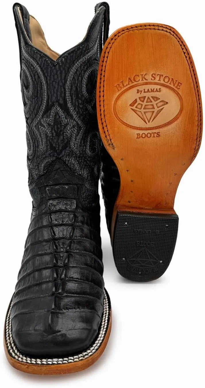 Mens Leather Alligator Tail Print Square Toe Western Cowboy Boot