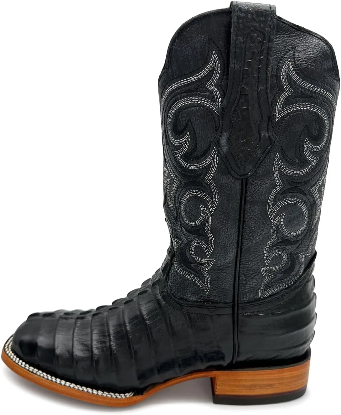 Mens Leather Alligator Tail Print Square Toe Western Cowboy Boot