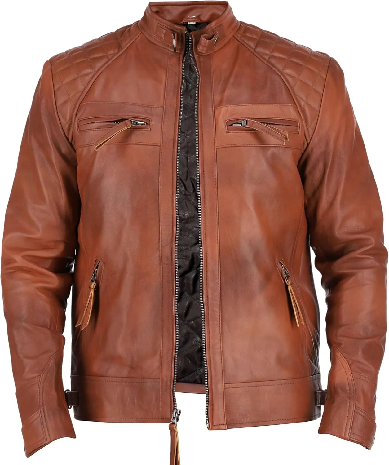 Men's Leather Jacket, Biker Style, Multiple Pockets, Black