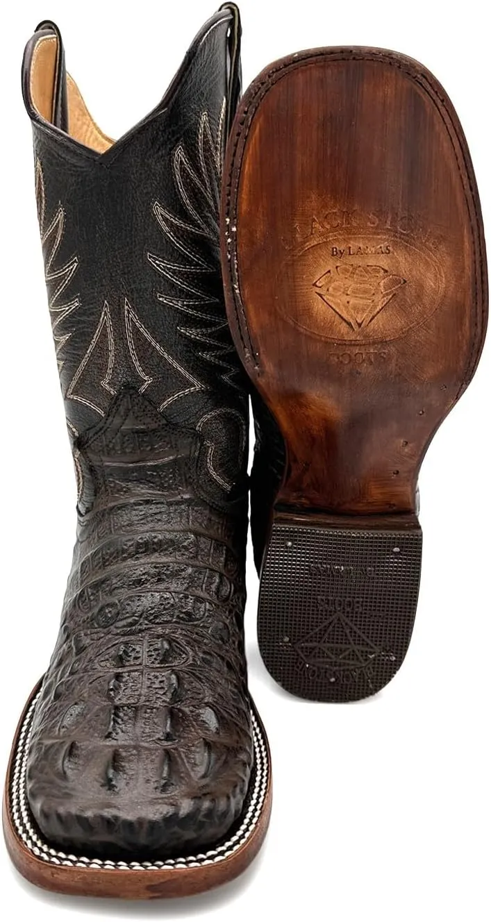 Mens Leather Square Toe Cowboy Boot Embossed Crocodile Alligator Print Western Boot