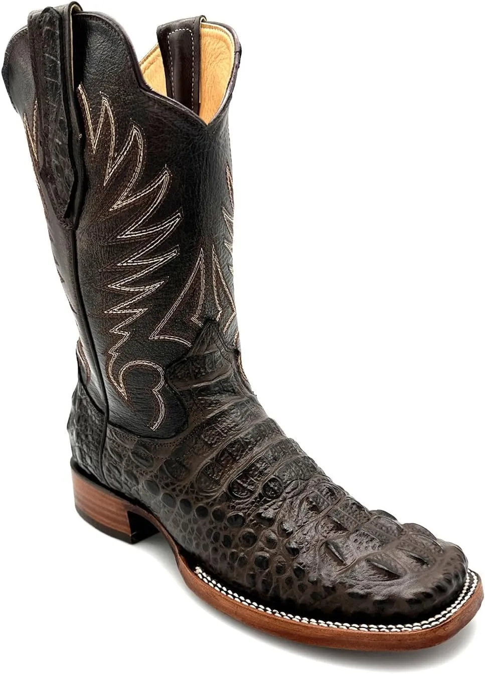 Mens Leather Square Toe Cowboy Boot Embossed Crocodile Alligator Print Western Boot