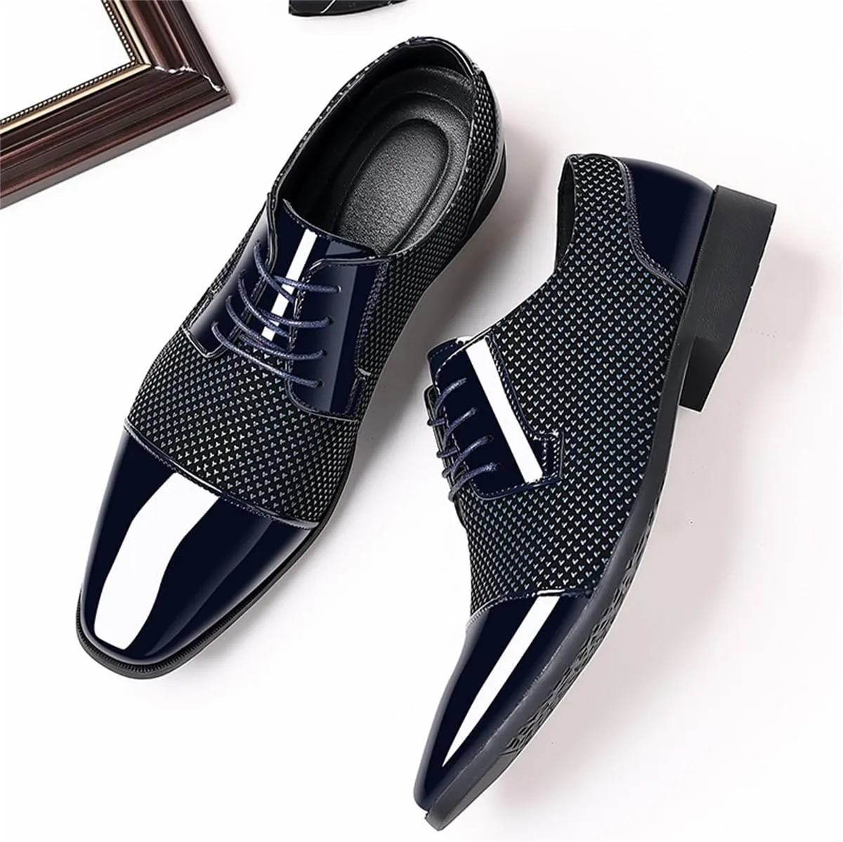Men's Modern Cap Toe Patent Leather Tuxedo Dress Shoes Formal Business Lace up Oxfords Wedding Prom