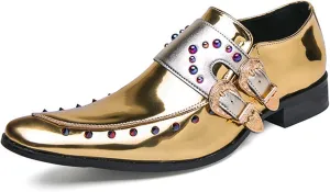 Men's Patent Leather Pointed Dual Monk Straps Loafers Rivets Slip-on Non-Slip Waterproof Arch Support Oxford Formal Business Dress Shoes