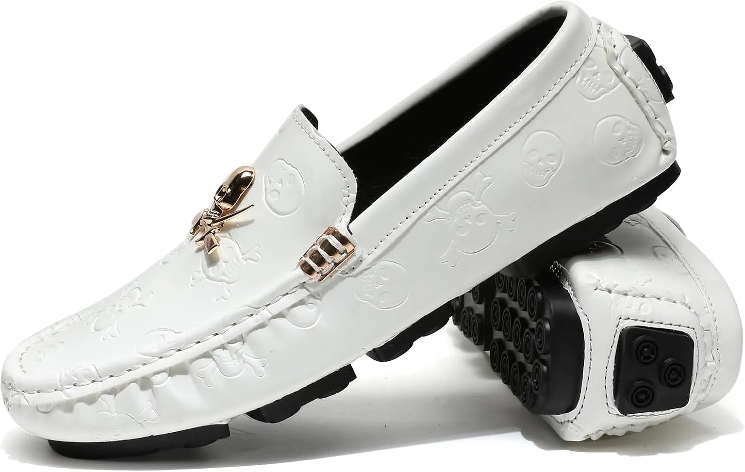 Men's Penny Loafers Patent Leather Skull Pattern Loafers Slip-On Driving Moccasins with Gold Skull Buckle Accent Boat Casual Dress Shoes
