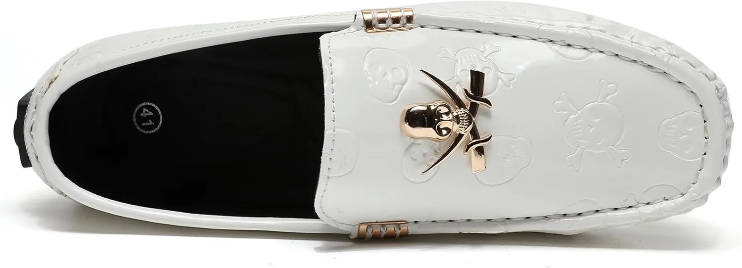 Men's Penny Loafers Patent Leather Skull Pattern Loafers Slip-On Driving Moccasins with Gold Skull Buckle Accent Boat Casual Dress Shoes