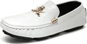 Men's Penny Loafers Patent Leather Skull Pattern Loafers Slip-On Driving Moccasins with Gold Skull Buckle Accent Boat Casual Dress Shoes