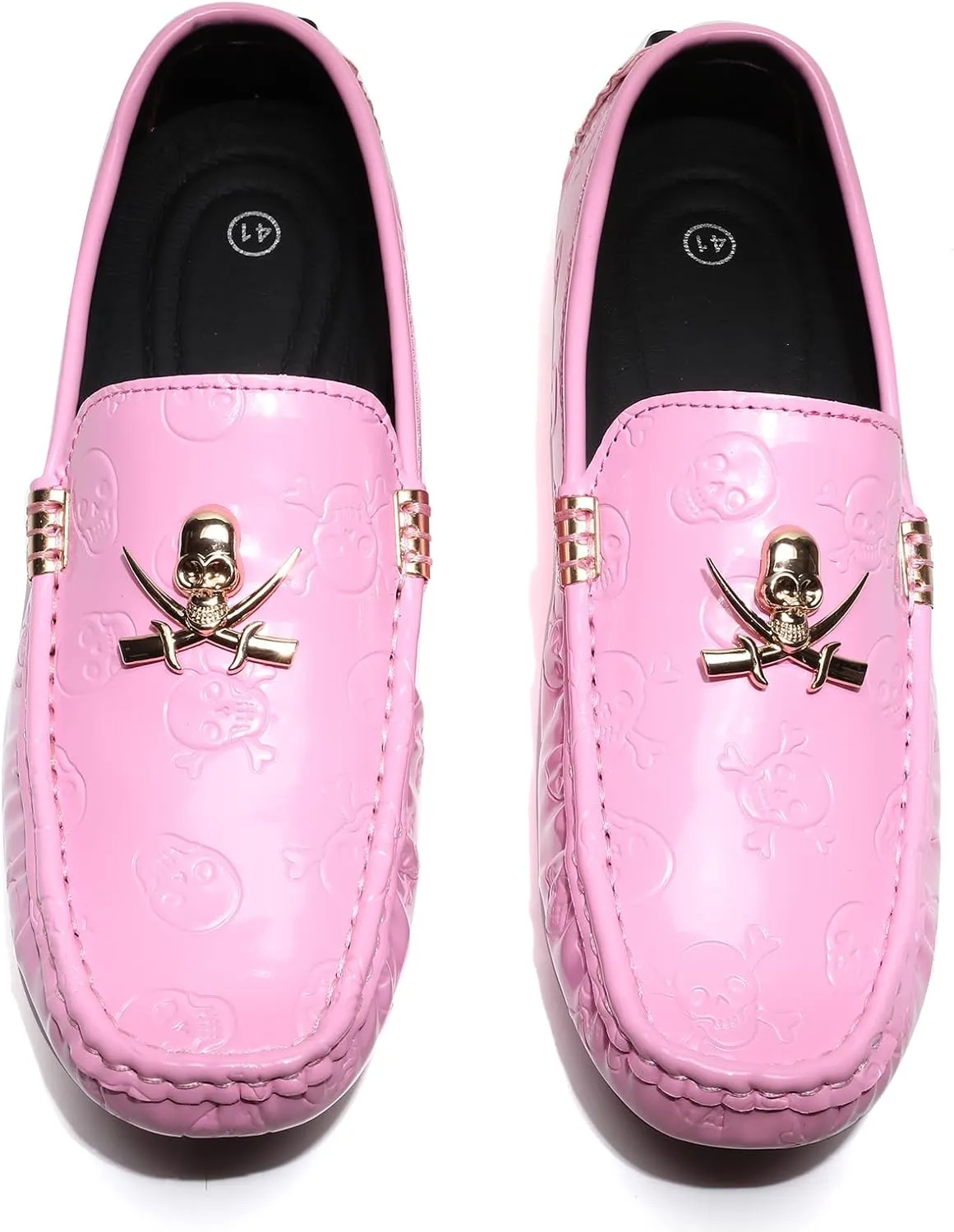 Men's Penny Loafers Patent Leather Skull Pattern Loafers Slip-On Driving Moccasins with Gold Skull Buckle Accent Boat Casual Dress Shoes