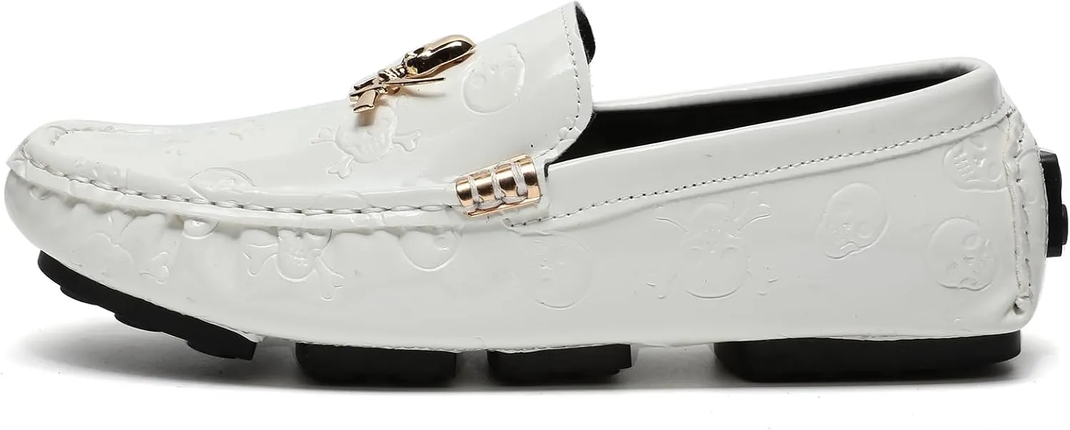 Men's Penny Loafers Patent Leather Skull Pattern Loafers Slip-On Driving Moccasins with Gold Skull Buckle Accent Boat Casual Dress Shoes