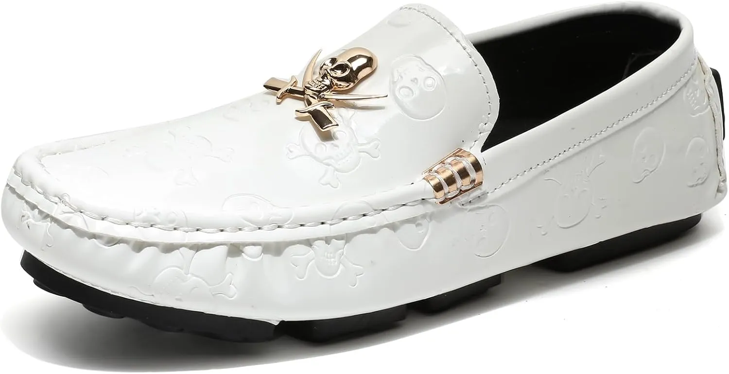 Men's Penny Loafers Patent Leather Skull Pattern Loafers Slip-On Driving Moccasins with Gold Skull Buckle Accent Boat Casual Dress Shoes