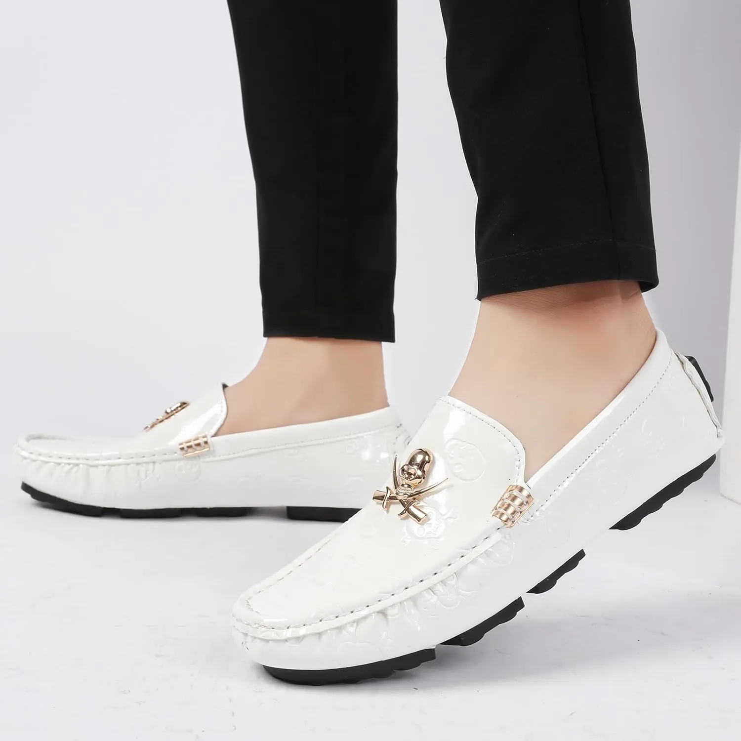 Men's Penny Loafers Patent Leather Skull Pattern Loafers Slip-On Driving Moccasins with Gold Skull Buckle Accent Boat Casual Dress Shoes