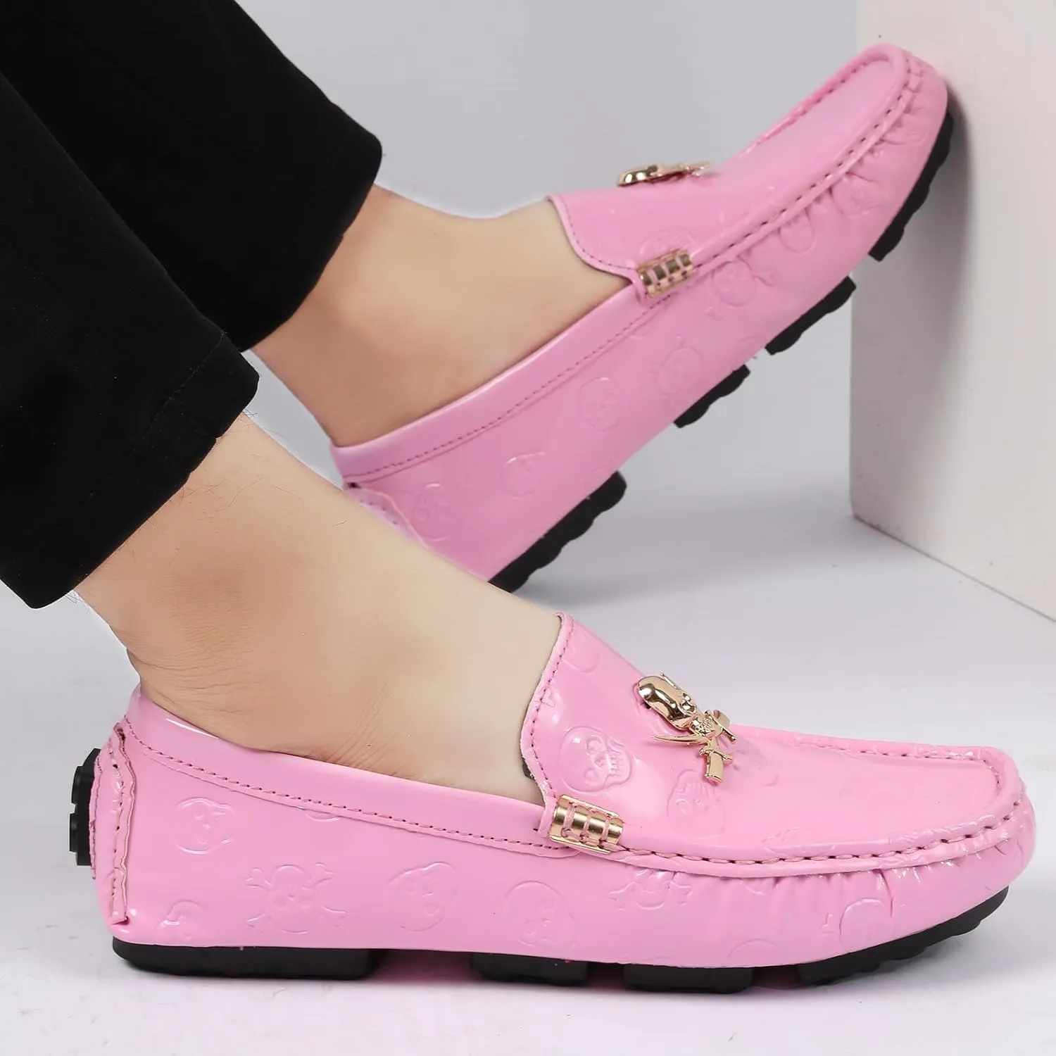 Men's Penny Loafers Patent Leather Skull Pattern Loafers Slip-On Driving Moccasins with Gold Skull Buckle Accent Boat Casual Dress Shoes