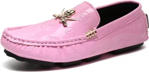 Men's Penny Loafers Patent Leather Skull Pattern Loafers Slip-On Driving Moccasins with Gold Skull Buckle Accent Boat Casual Dress Shoes