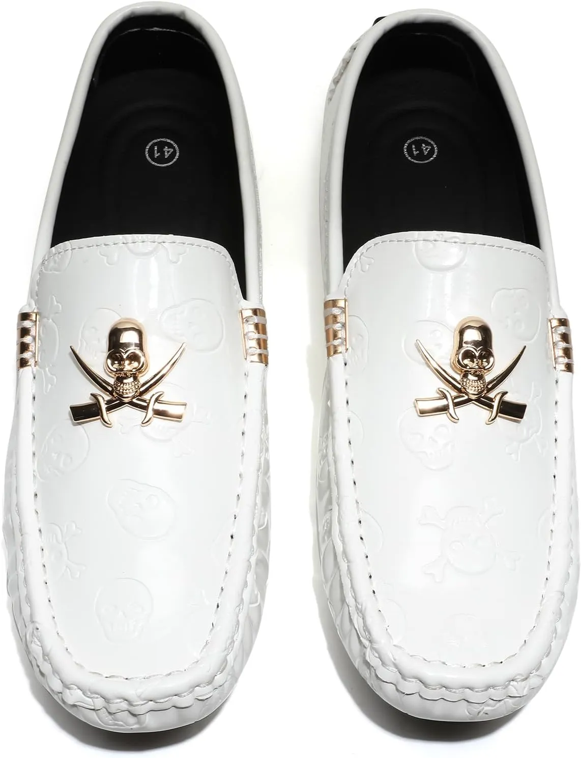 Men's Penny Loafers Patent Leather Skull Pattern Loafers Slip-On Driving Moccasins with Gold Skull Buckle Accent Boat Casual Dress Shoes