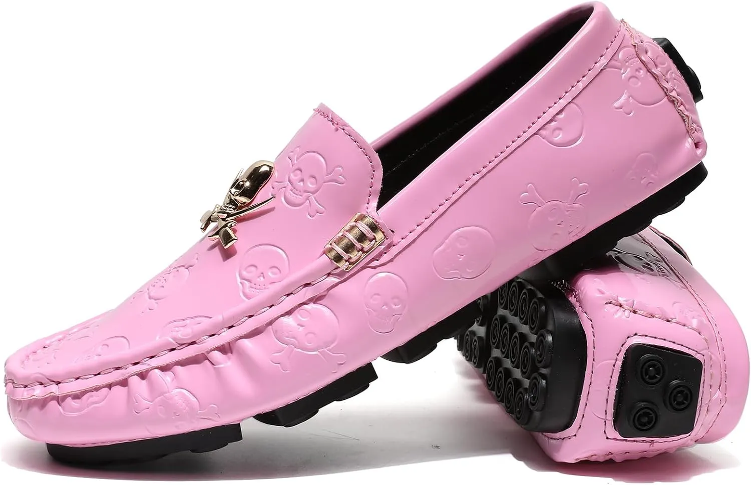 Men's Penny Loafers Patent Leather Skull Pattern Loafers Slip-On Driving Moccasins with Gold Skull Buckle Accent Boat Casual Dress Shoes