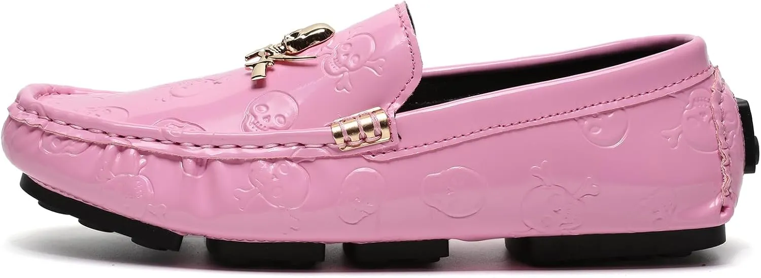 Men's Penny Loafers Patent Leather Skull Pattern Loafers Slip-On Driving Moccasins with Gold Skull Buckle Accent Boat Casual Dress Shoes
