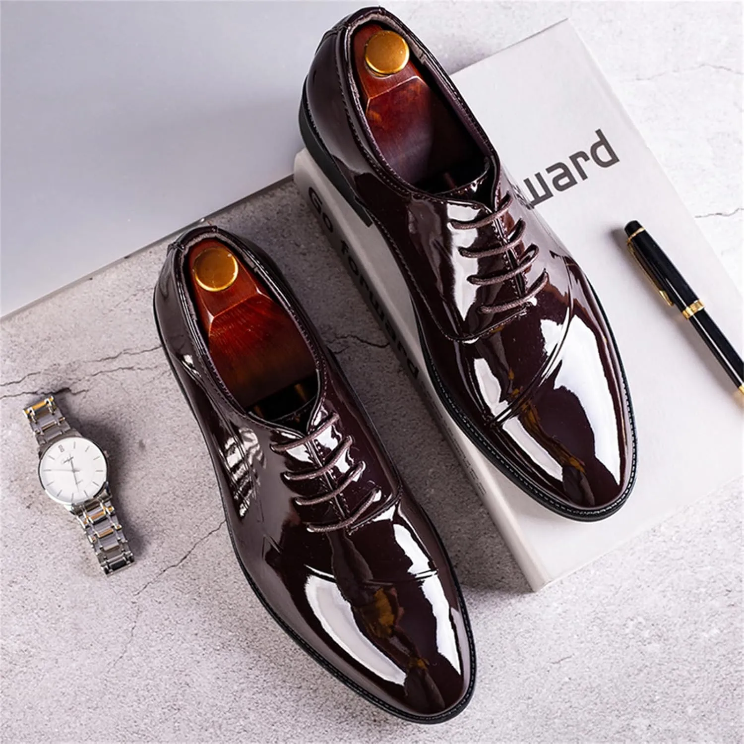 Men's Trendy High Gloss Patent Leather Business Oxford Lightweight Derby Shoes Formal Lace Up Dress Shoes