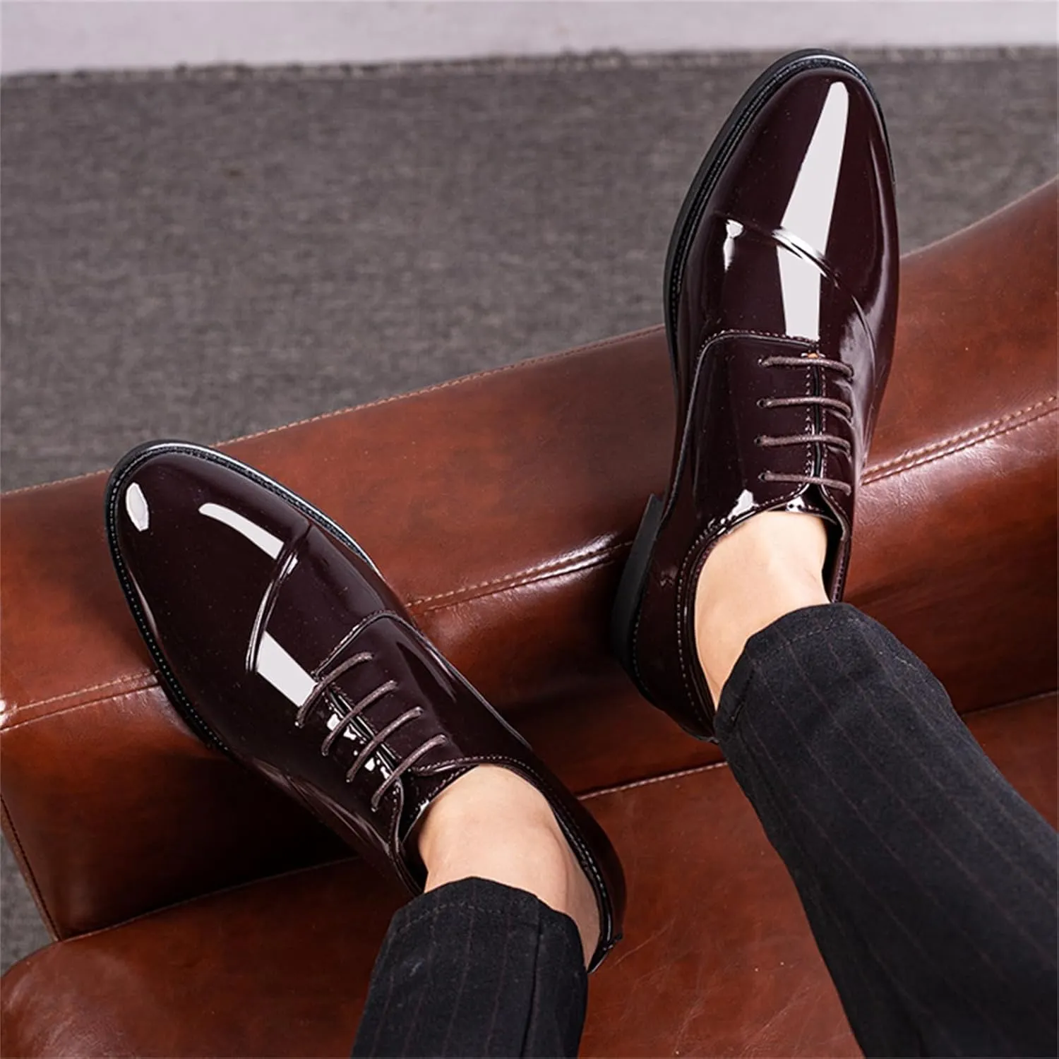 Men's Trendy High Gloss Patent Leather Business Oxford Lightweight Derby Shoes Formal Lace Up Dress Shoes
