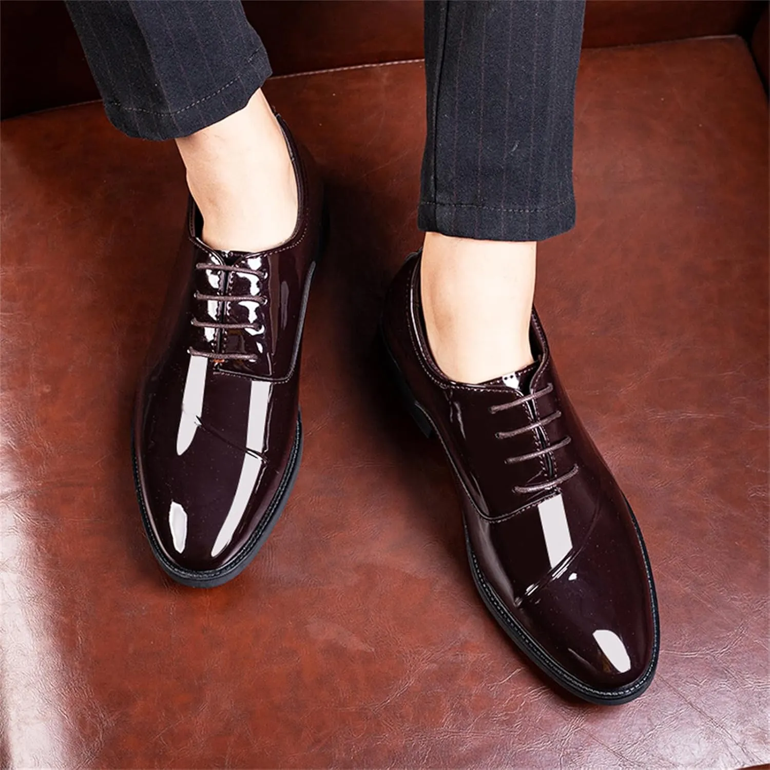 Men's Trendy High Gloss Patent Leather Business Oxford Lightweight Derby Shoes Formal Lace Up Dress Shoes