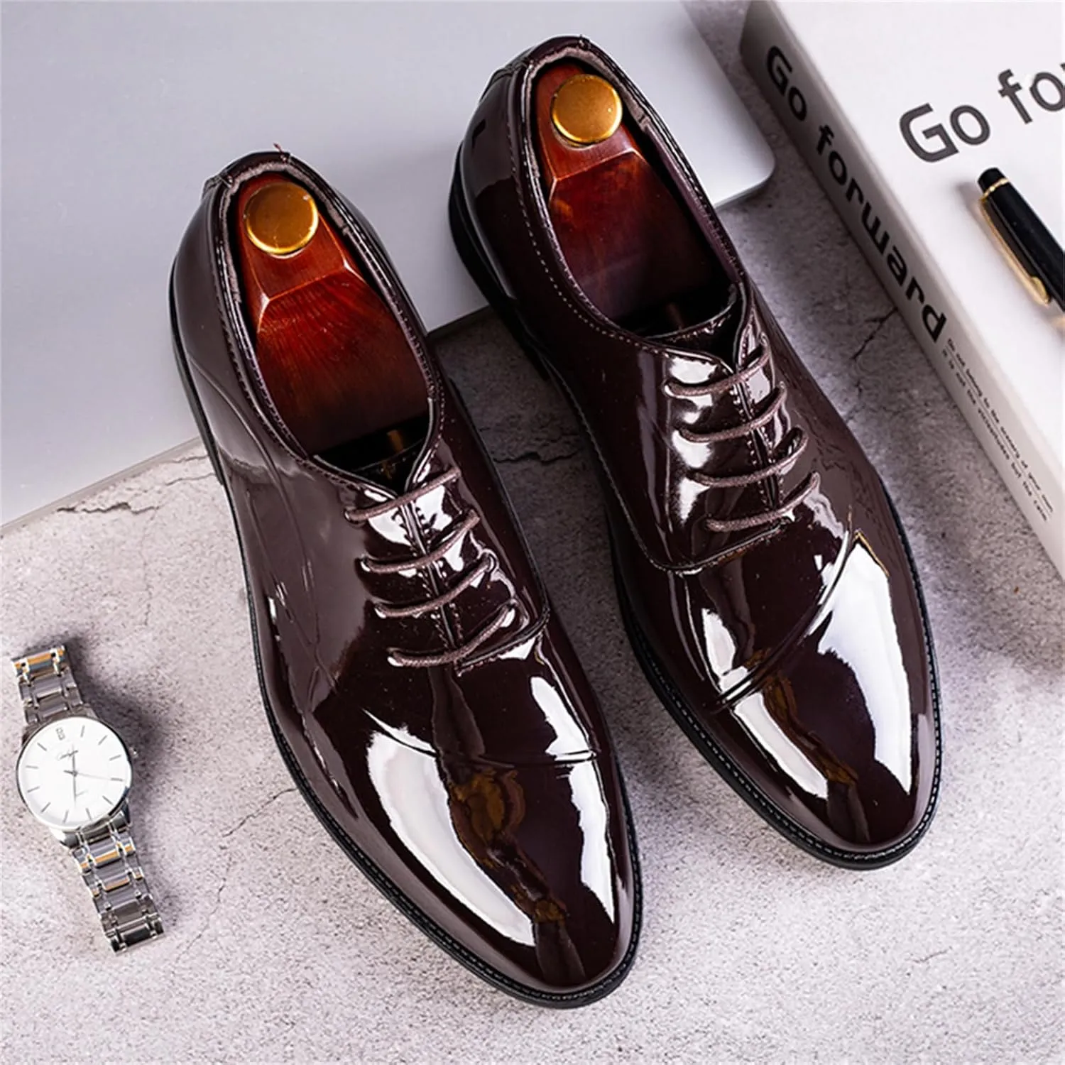 Men's Trendy High Gloss Patent Leather Business Oxford Lightweight Derby Shoes Formal Lace Up Dress Shoes