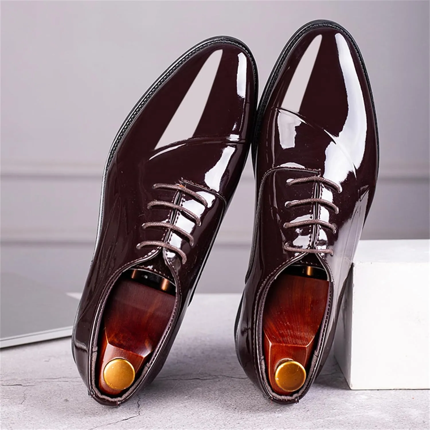 Men's Trendy High Gloss Patent Leather Business Oxford Lightweight Derby Shoes Formal Lace Up Dress Shoes