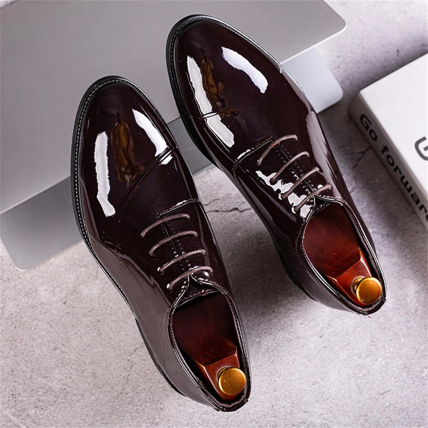 Men's Trendy High Gloss Patent Leather Business Oxford Lightweight Derby Shoes Formal Lace Up Dress Shoes