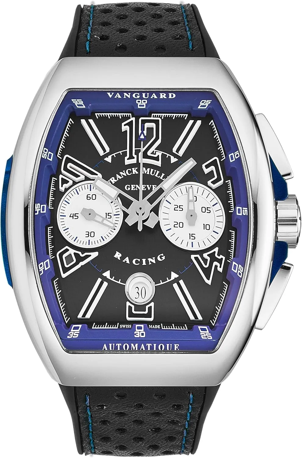 Men's 'Vanguard Racing' Black Dial Black Rubber with Leather Insert Strap Chronograph Automatic Watch 45CCBLKBLU