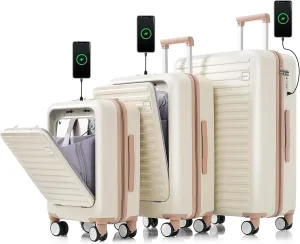 Merax Luggage Sets 3 Piece, Hardside Suit case with Front Pocket Cup Holder and TSA Lock, Milky White and Kakhi, 20/24/28 Inch