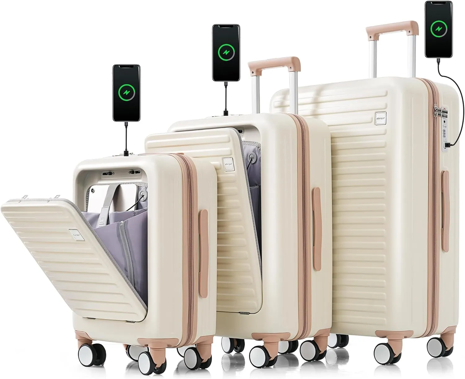Merax Luggage Sets 3 Piece, Hardside Suit case with Front Pocket Cup Holder and TSA Lock, Milky White and Kakhi, 20/24/28 Inch