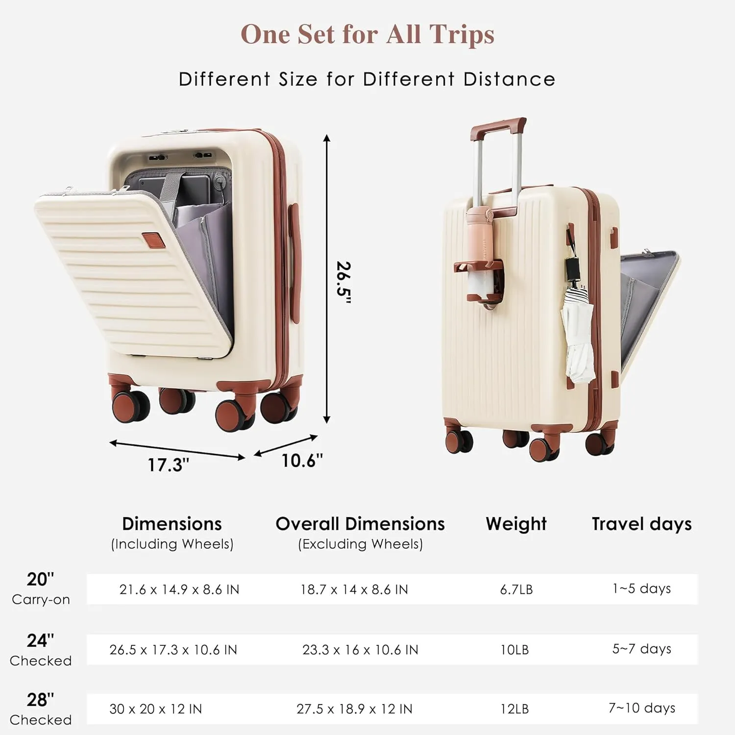 Merax Suitcases Women Hardside Front Opening Luggage Sets with Cup Holder, Ivory Brown, 20/24/28 in