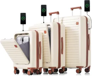 Merax Suitcases Women Hardside Front Opening Luggage Sets with Cup Holder, Ivory Brown, 20/24/28 in