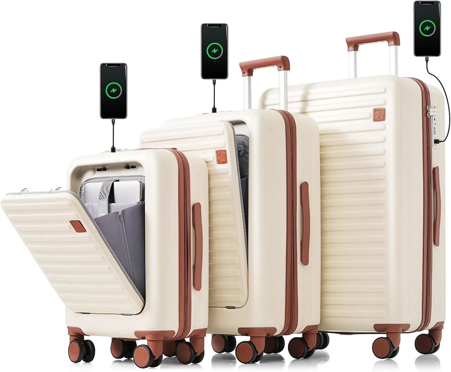 Merax Suitcases Women Hardside Front Opening Luggage Sets with Cup Holder, Ivory Brown, 20/24/28 in