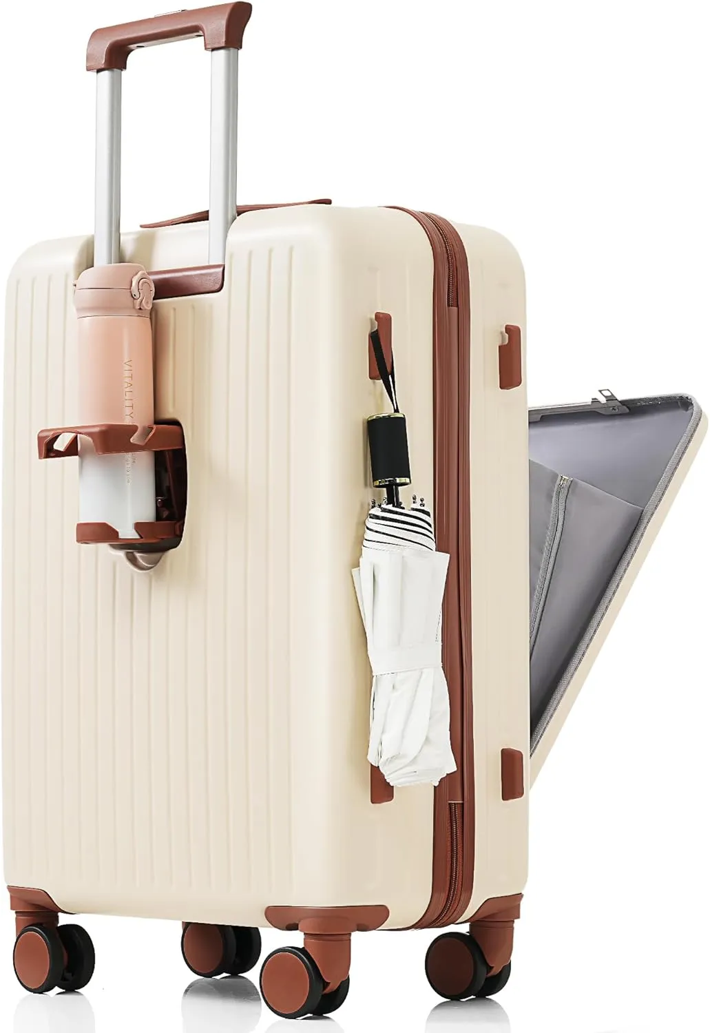 Merax Suitcases Women Hardside Front Opening Luggage Sets with Cup Holder, Ivory Brown, 20/24/28 in